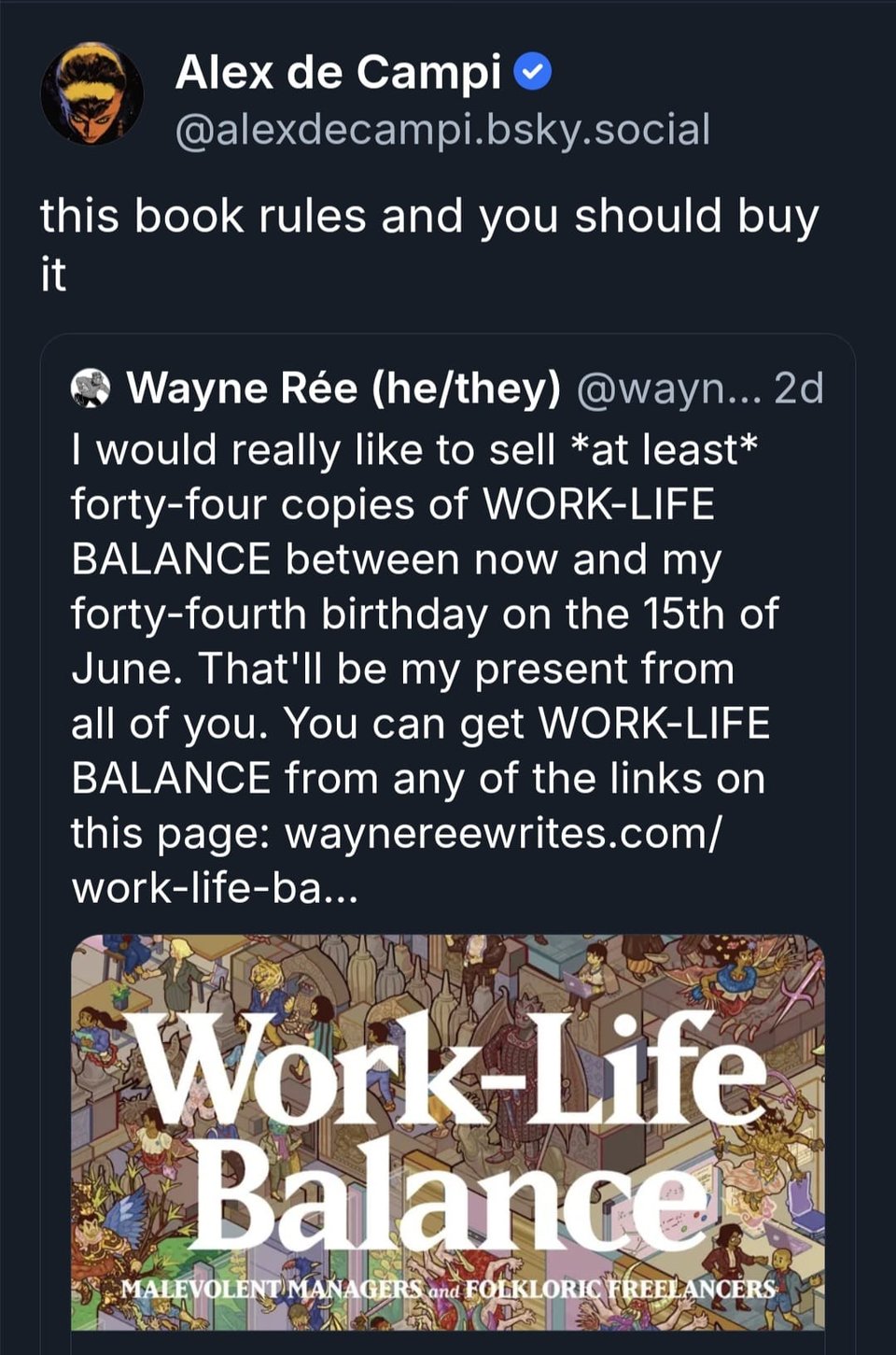 Alex de Campi sharing one of my posts, where I ask people to get WORK-LIFE BALANCE. She adds, "this book rules and you should buy it".