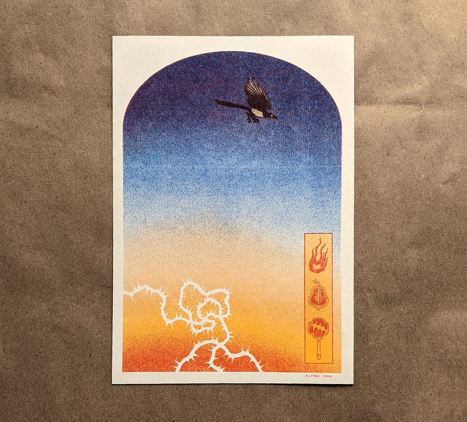 a riso print: a 3-legged magpie flies across a window shaped frame, yellow-orange sunset hues fading into twilight blue. a frame in the corner shows a handheld mirror, a strange fruit, and flames.