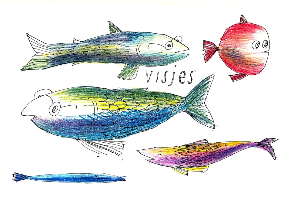 Color pencil and ink drawing of 5 fish. All rather colorful and cartoonlike. Two fish appear to wear glasses. They all seem friendly.