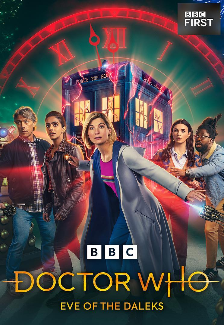 The 13th Doctor and company in a poster branded DOCTOR WHO EVE OF THE DALEKS