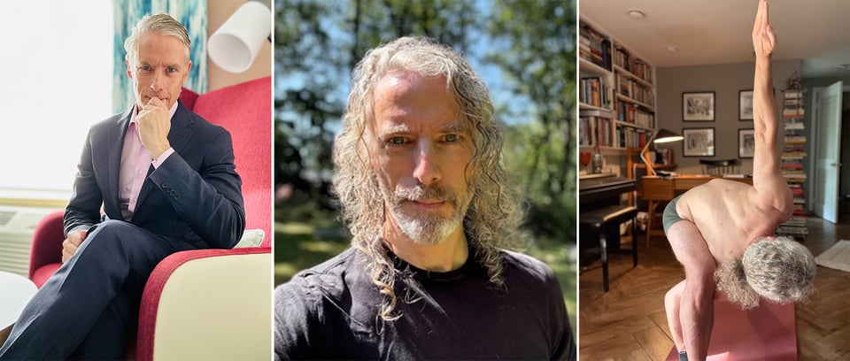 3 images: left, white man in navy suit and pink dress shirt, sitting in a mod-ish hotel room; center, same man with long curly hair and beard, standing outdoors; right, same man in a pretzel-like yoga pose
