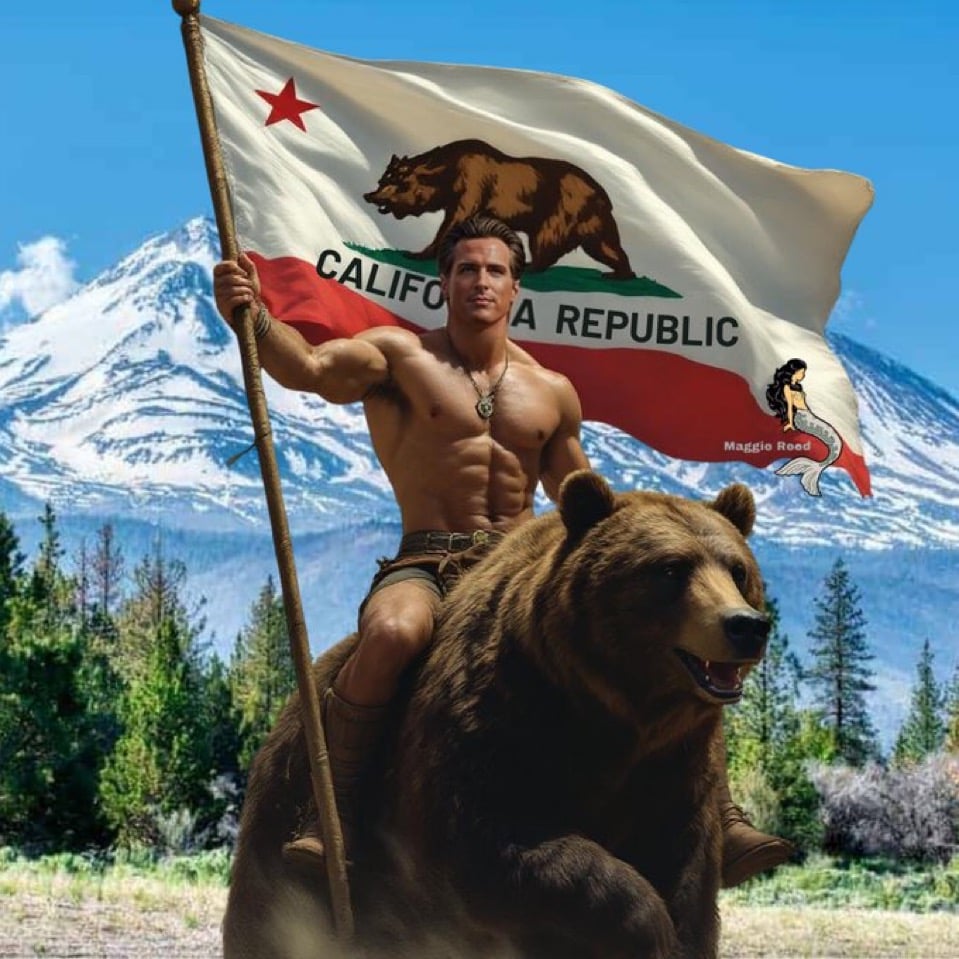 AI image of Newsom in a forest, muscly and shirtless, riding a bear while holding the California state flag aloft.