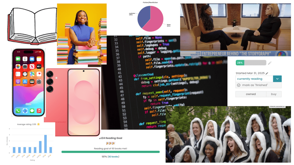 The image is a collage showcasing various aspects of StoryGraph's operations and user engagement. It includes: An open book and a smartphone displaying StoryGraph's mobile interface, highlighting user-friendly design and accessibility. A portrait of StoryGraph's CEO, Nadia, representing leadership and the face of the company. A pie chart and bar graphs depicting user statistics and reading trends, emphasizing data-driven insights provided by the platform. A code snippet from StoryGraph's software, underscoring the technical backbone and development efforts. A still from an interview with Nadia titled "Entrepreneur Behind the StoryGraph", suggesting media engagement and promotional activities.