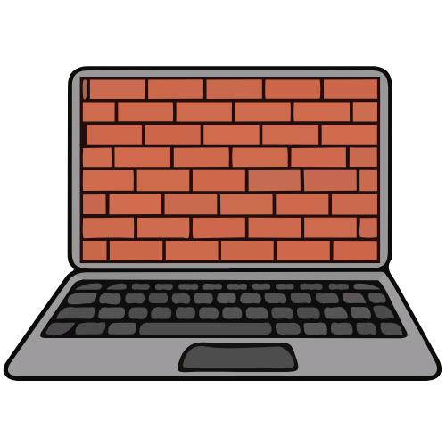 Cartoon image of a laptop with a red brick wall as the screen.