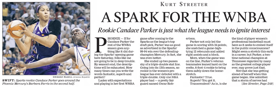 May 18, 2008 L.A. Times clipping with photo of Candace Parker looking to pass and headline “A Spark for the WNBA: Rookie Candace Parker is just what the league needs to ignite interest”
