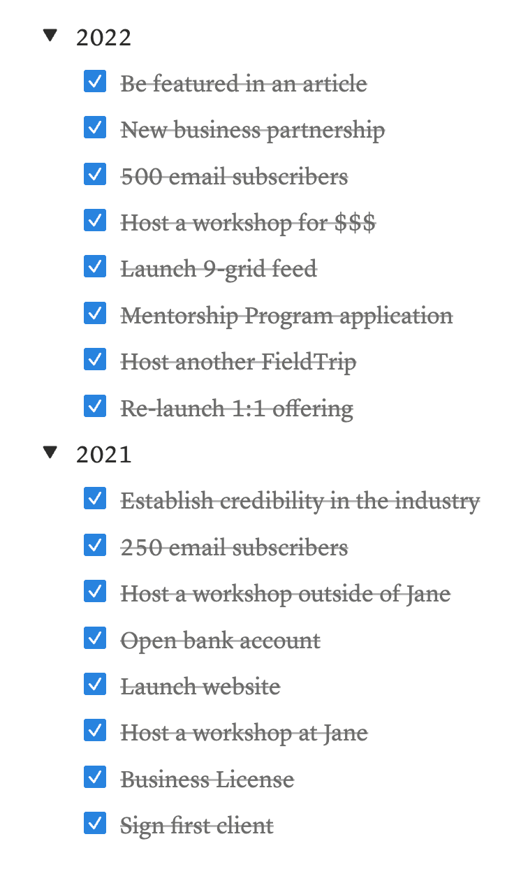 A checklist of goals from 2023 and 2022 with all milestones checked off, including "sign first client," "500 newsletter subscribers," and "be featured in an article."