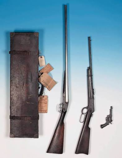 SIR ERNEST HENRY SHACKLETON (1874-1922)
THE ENDURANCE ARSENAL:
A 12-BORE (2¾in.) SIDELEVER SIDELOCK EJECTOR GUN BY STEPHEN GRANT & SONS, No.6335
The action-body with carved and engraved fluted fences, best foliate-scroll engraving, well figured-stock (with insert) with engraved heel- and toe-plates, the browned damascus barrels with game-rib
Weight 6lb.10oz., 14½in. stock, 30¼in. barrels, approx. ¼ v 5/8 choke, 2¾in. chambers, recent nitro reproof

in its brass-mounted leather case

The makers have kindly confirmed that the gun was completed.

[With]
A WINCHESTER .44 (W.C.F.) 'MODEL 1892'
SADDLE RING CARBINE, No.126789
Standard specifications, the stock with crescent butt-plate, the barrel (plugged) with open-sights
Weight 5 lb. 7½oz., 12¾in. pull, 20in. barrel

[And]
A BELGIAN 8mm PINFIRE REVOLVER, No.301
3½in. barrel, Liege Black Powder proof
3