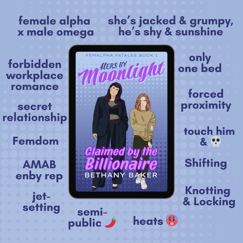 This graphic has the book's cover at the center. Starting from the top left and going clockwise, the text reads: Female alpha x male omega; she's jacked & grumpy, he's shy & sunshine; only one bed; forced proximity; touch him and die; shifting; knotting and locking; heats; semi-public spice; jet-setting; AMAB envy rep; secret relationship; forbidden workplace romance