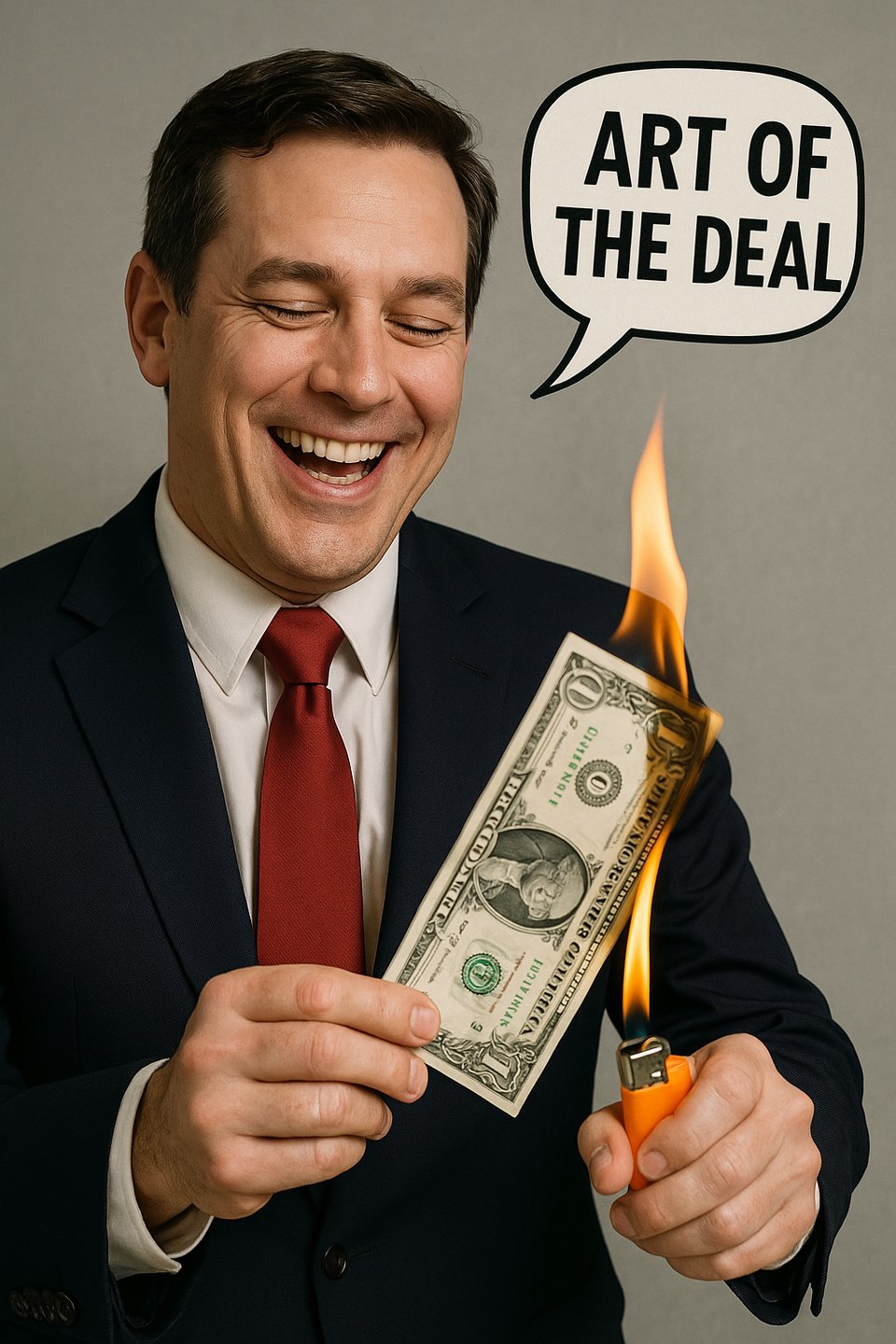 A man lighting a dollar bill on fire while saying "Art of the deal"
