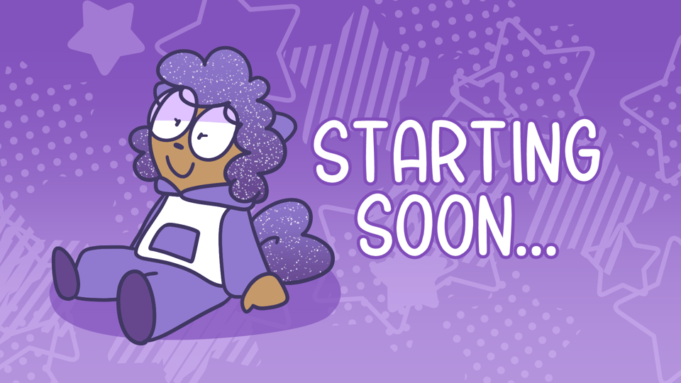 Live stream "Starting Soon" screen featuring my sona sitting down next to the words "Starting Soon..."