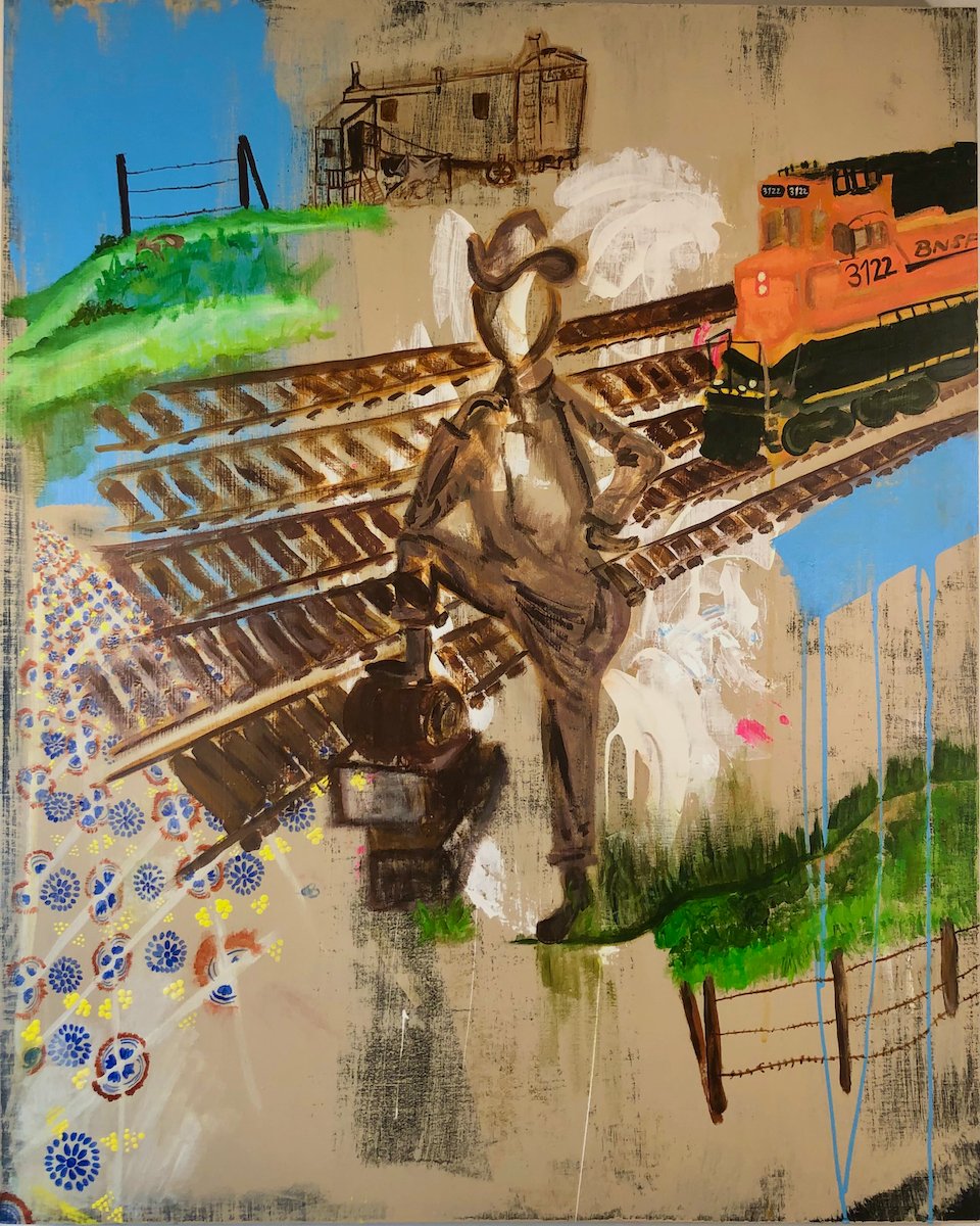 a painting of a man standing with his foot on a stack of railroad ties