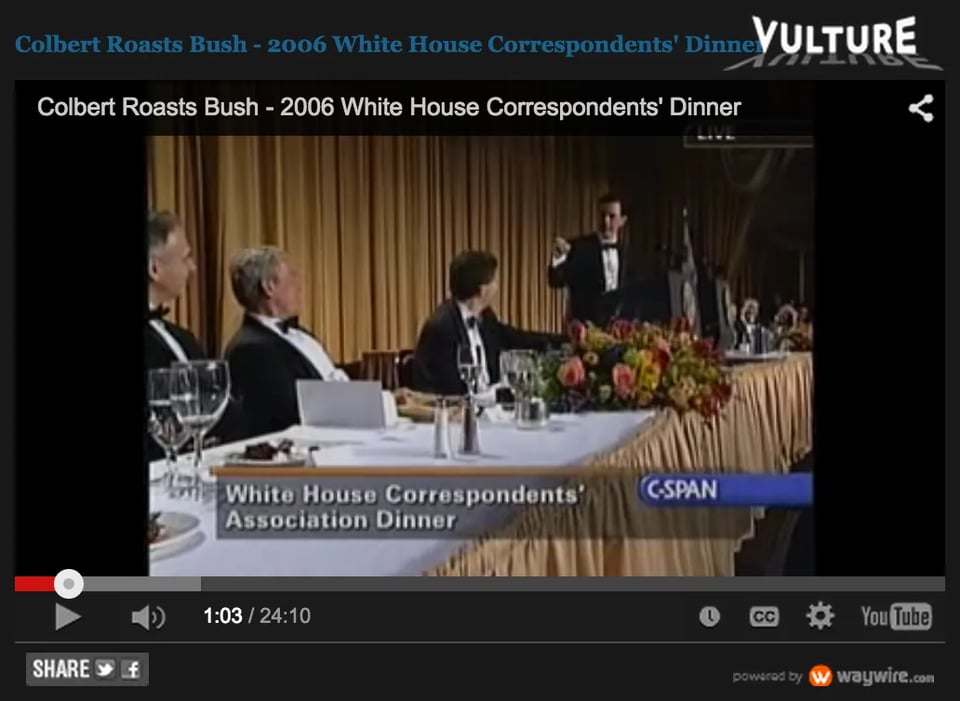 Screenshot of Stephen Colbert roasting George W Bush at the 2006 White House Correspondents' Association Dinner