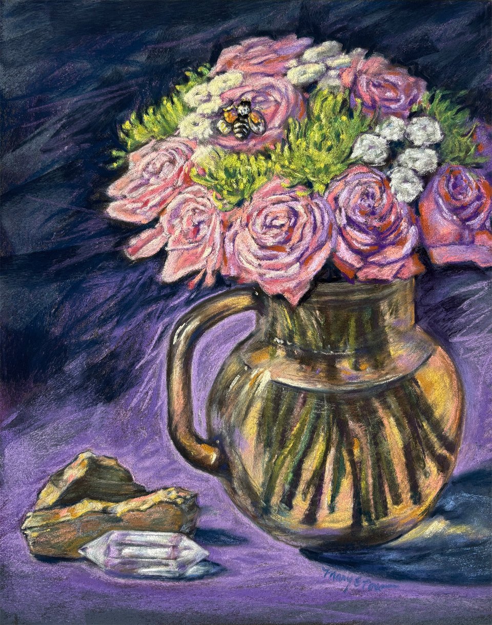 new artwork, flowers in a jug with rocks