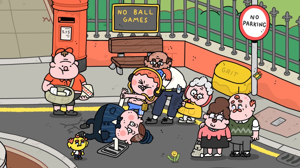 Animated characters trying to pull a man's arm out of a sewer grate