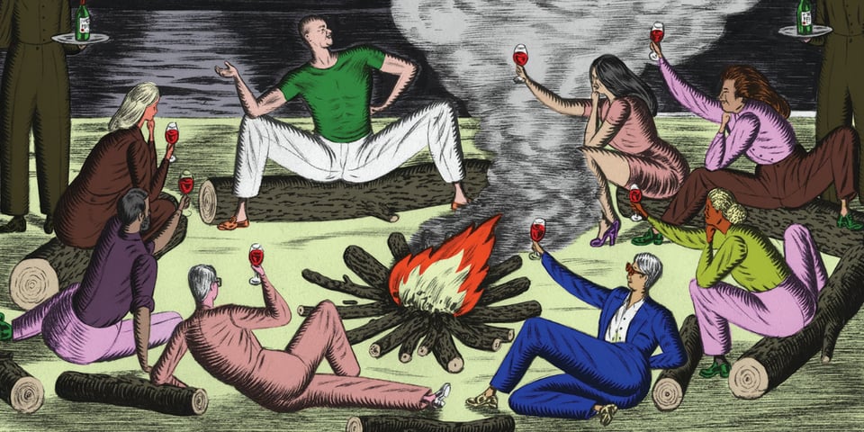 An illustration of billionaires around a campfire.
