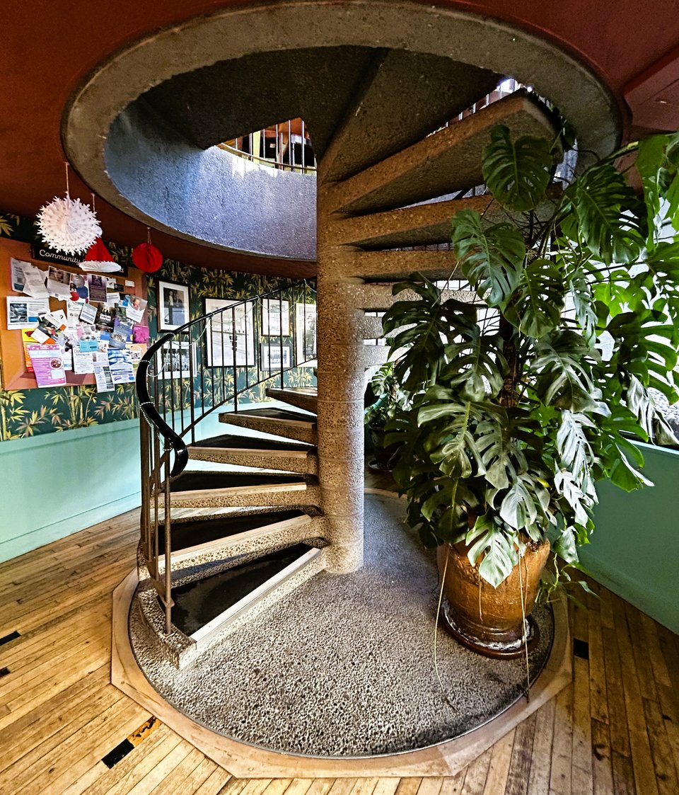 A cast concrete spiral staircase ascending to a circular hole in the ceiling (also concrete). A wooden floor has been added, along with a cheese plant that is so tall it's brushing the ceiling.