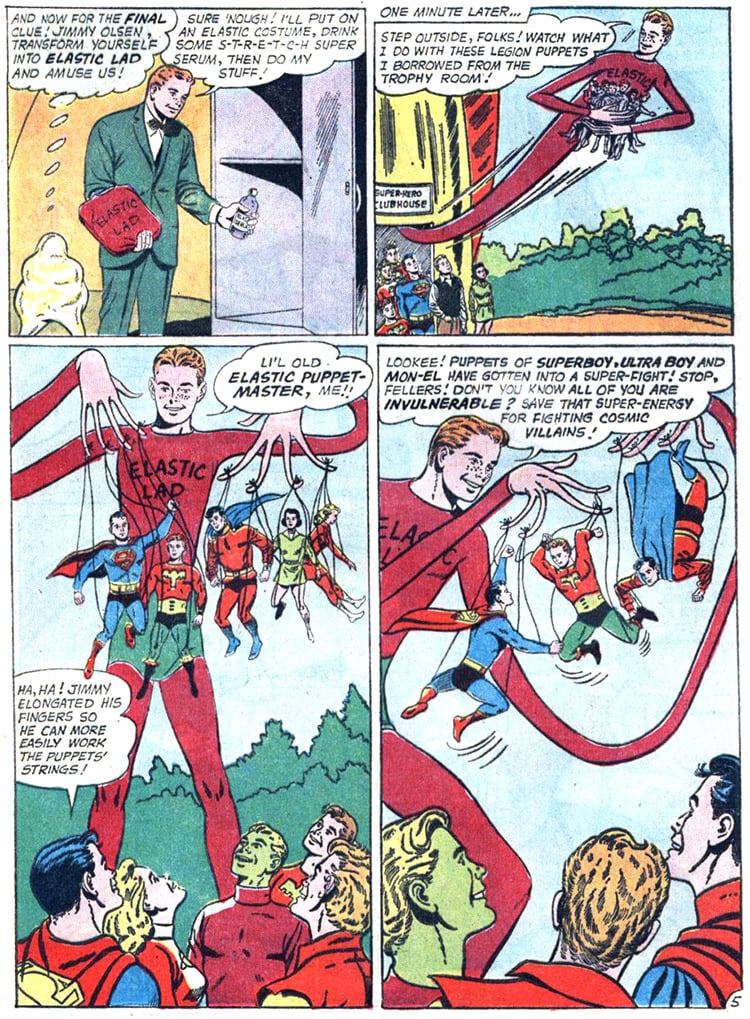 Panels from a comic book depicting Jimmy Olsen as Elastic Lad