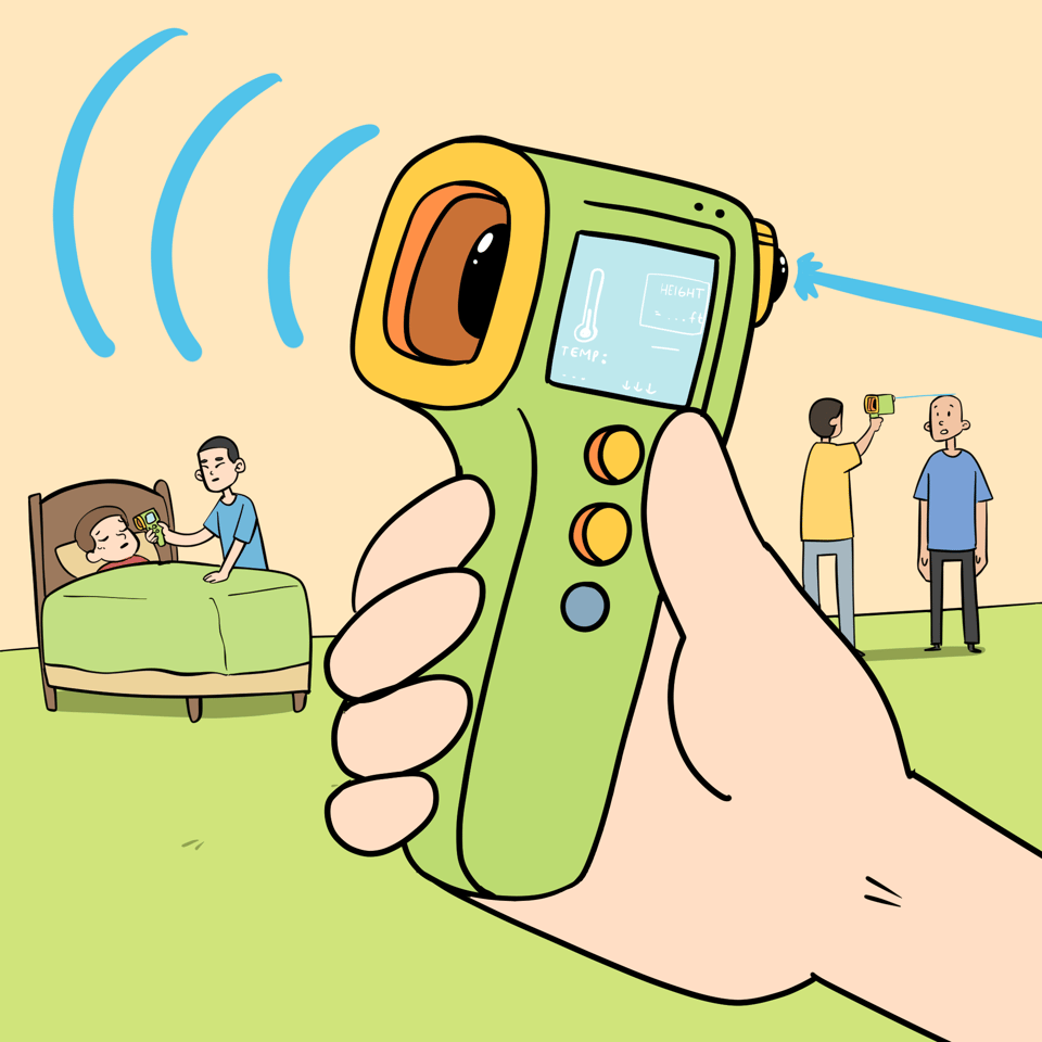 In the centre of the image is a device, the TheromoMeasurer, with several sensors and buttons. In the background is a boy in a bed with a man taking his temperature. There is also another man measuring another man's height.