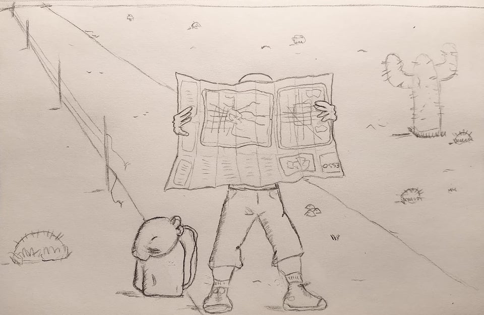 A cartoon sketch of a man standing by a road in a desert. He holds a large map up to read, obscuring his face. A backpack sits on the ground near him.