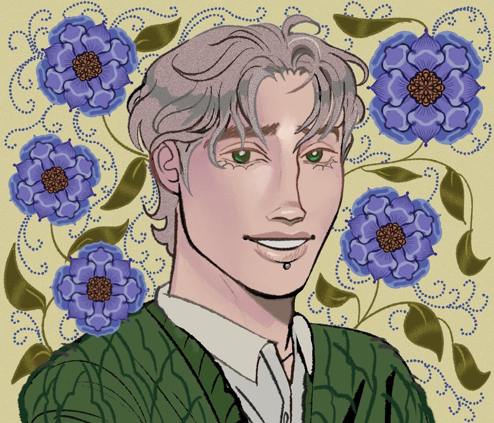 A digital illustration, a portrait of a white man with blond hair, green eyes, and a strong nose. His hair is parted in the middle and falls into his eyes a little. He is looking at the viewer, smiling and showing his teeth. He has a silver vertical labret piercing. He is wearing a white shirt with the top button undone, and an oversized green knit cardigan. It has a yellow background with purple flowers and green leaves and vines.