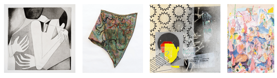 four images of artworks in varying styles and media