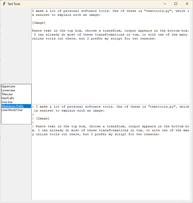 A GUI with the first three lines of this newsletter in the top, and the bottom has the three lines with markdown quote prefixes