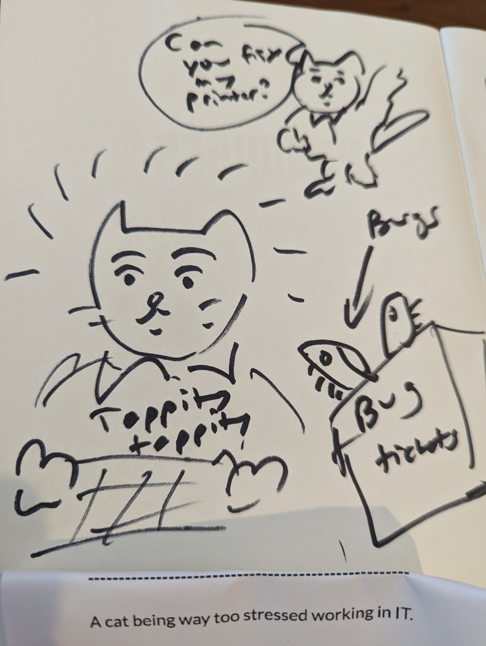 A cat working in IT, with a box of bug tickets with actual bugs inside