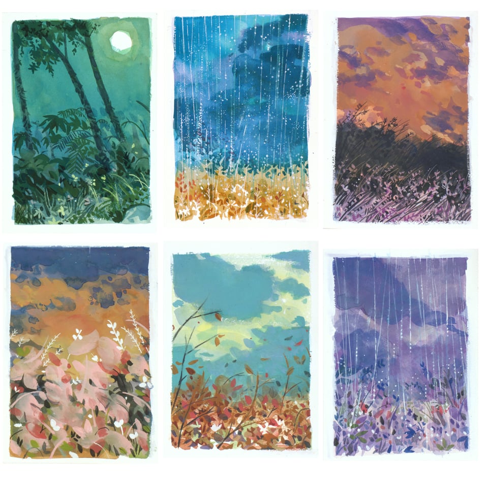 thumbnails of six landscape paintings in gouache