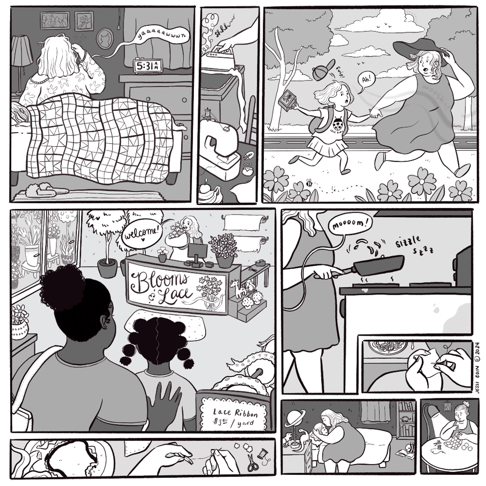 A black and white comic with several panels showing a busy parent going about their day and squeezing little moments of sewing in throughout the day as they take their child to school, work at their job as a florist, cook dinner, and put their child to bed.