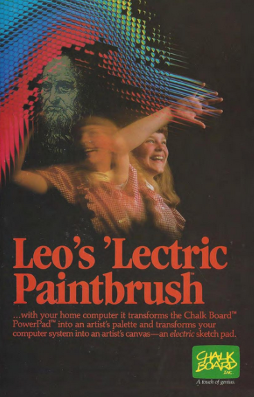 The box for Leo's 'Lectric Paintbrush, which shows two children creating lines and drawings and drawings in front of their faces with their fingers.