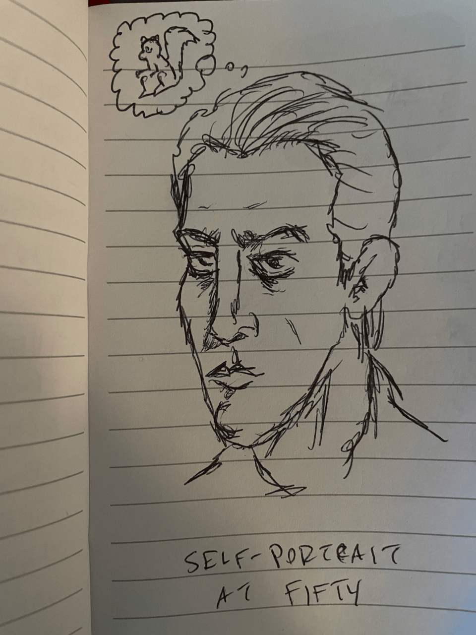 A rough sketch of a man thinking about a cartoon squirrel
