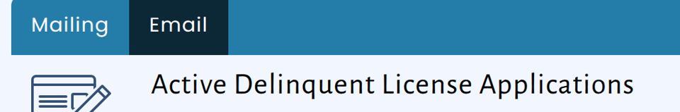 The new tab menu on the delinquencies page with the options 'Mailing' and 'Email'