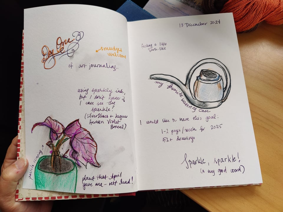 image of a purple-leaved plant and watering can in a journal, childish in nature but enthusiastic