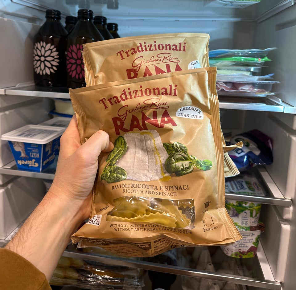 Fridge with two packs of Rana ravioli