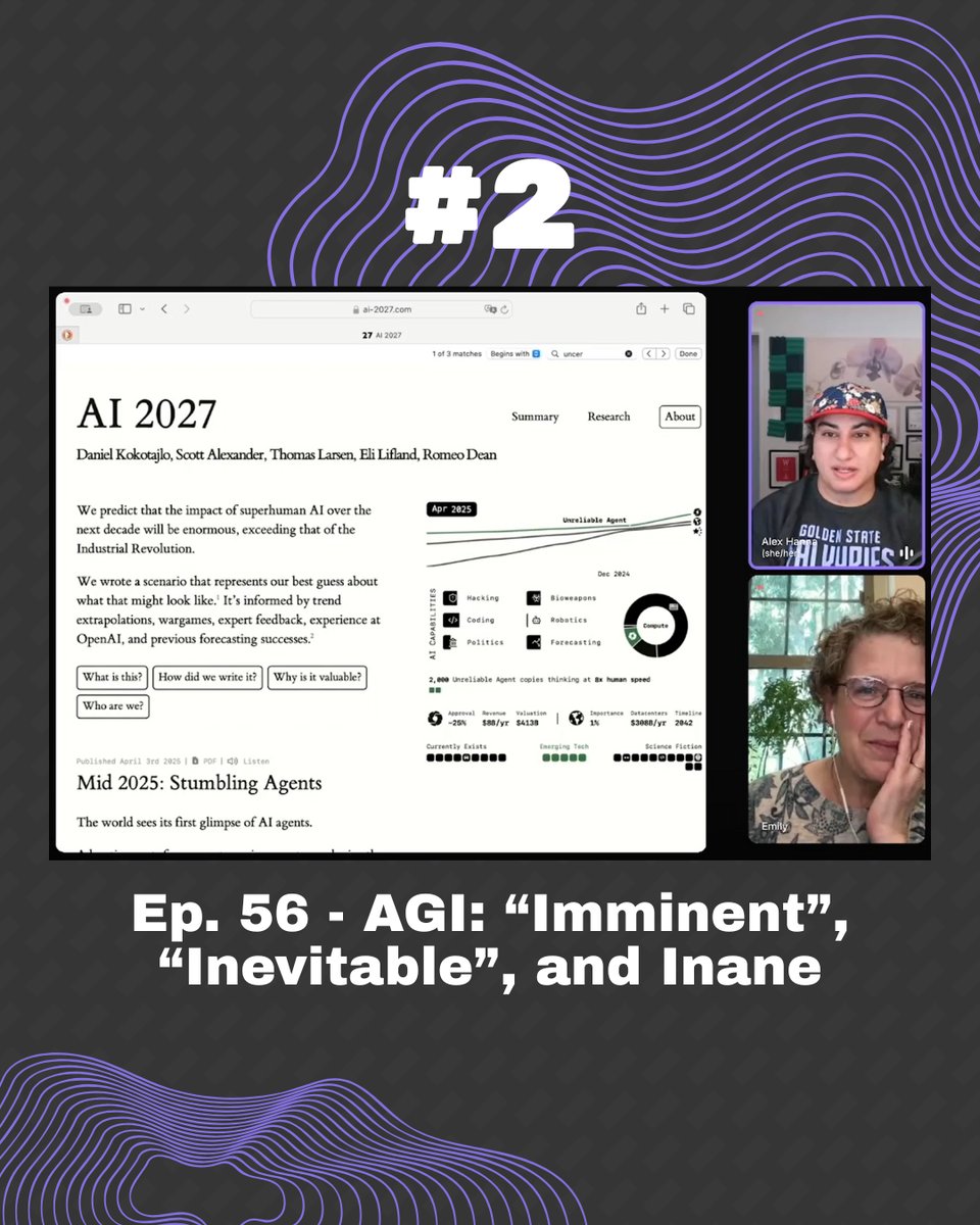 Graphic with a screen cap of the video from episode 56, showing photos of Hanna and Bender along the right edge and the artifact we are reacting to to the left: the AI 2027 webpage. The top of the web page is visible, with the headling AI 2027, author names Daniel Kokotajlo, Scott Alexander, Thomas Larsen, Eli Lifland, Romeo Dean, and the opening paragraphs of text. To the right in the web page is the dynamic infographic showing imagined progress towards "AGI", in its setting for April 2025. Above the screenacp is text reading #2 and below is the episode title (same as in the image caption). All of this is against a dark grey patterned background with abstract purple shapes reminiscent of sea creatures.