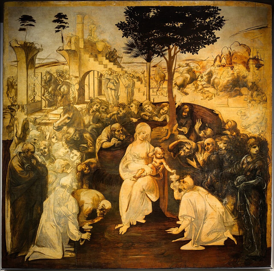 A painting with the virgin and child in the centre; much of it is sketched or drawn but parts have some paint applied.