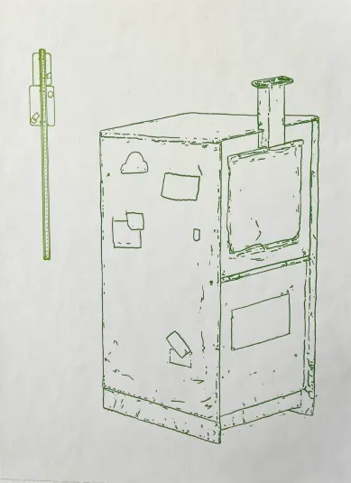 A screenprinted image of a newspaper dispenser and a street sign. The ink is green.