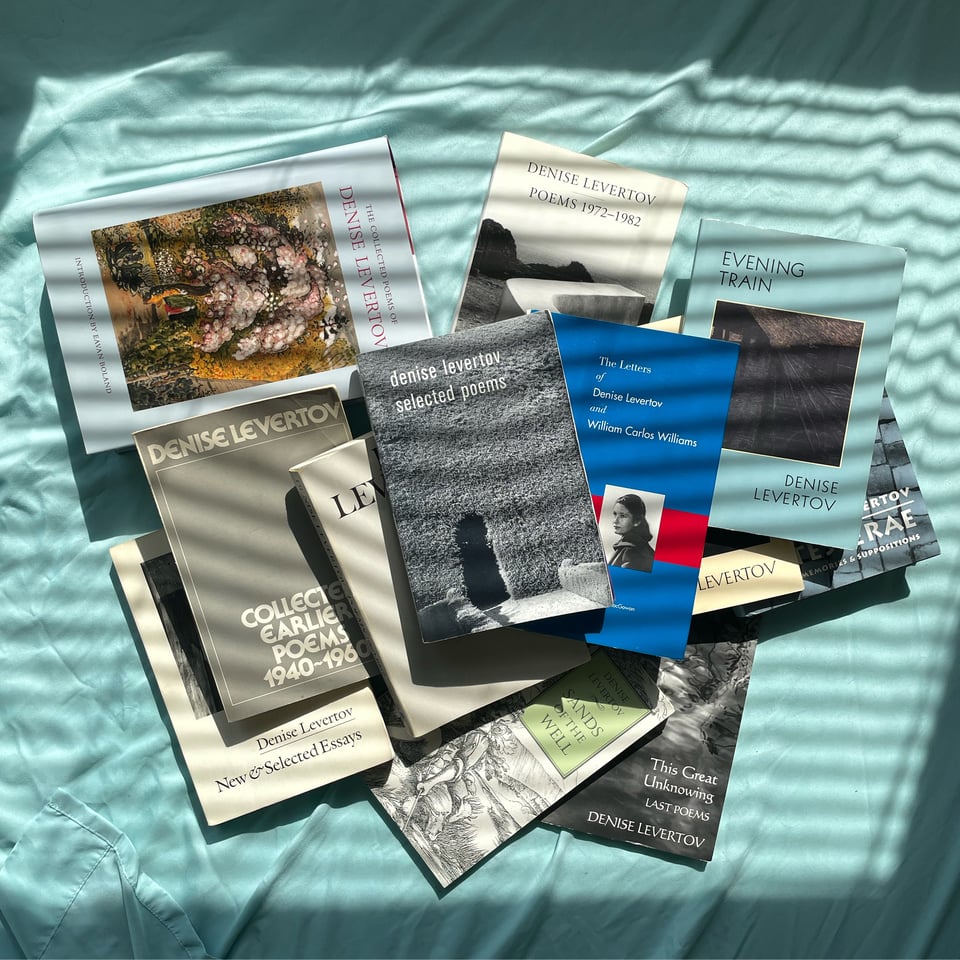 A messy pile of books, all by Denise Levertov, on a rumpled bedsheet. Selected Poems is in the center and the pile is framed by the shadow of a window and window blinds.