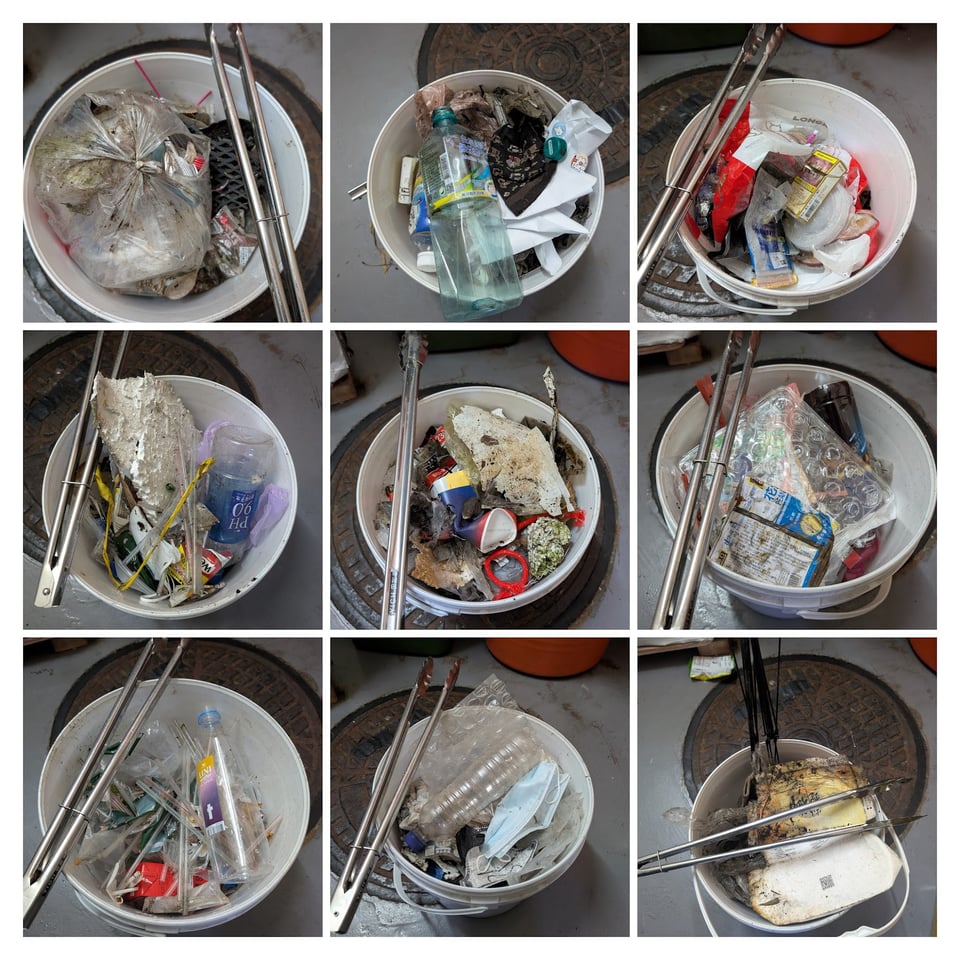 Nine pictures of a five-gallon bucket in the same location in the middle of a trash room. Each photo has the same pair of metal tongs accompanying it, but the interior of the bucket has a different collection of trash each time. There are plastic straws, plastic bottles, hunks of styrofoam, cigarette packs, surgical masks, a broken umbrella's frame, and more.