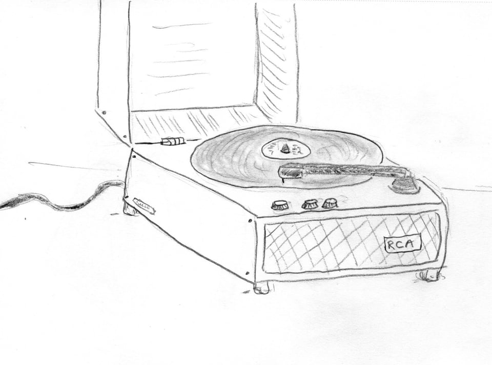 A pencil drawing of an old-style portable record player