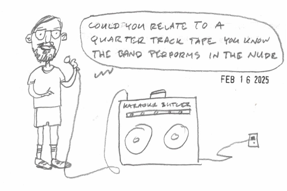 cartoon of man singing Don't Call Us We'll Call You at karaoke