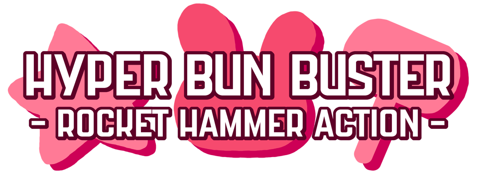 A logo. The text "Hyper Bun Buster: Rocket Hammer Action" appears in front of pink silhouettes of a star, a bunny head and a hammer.