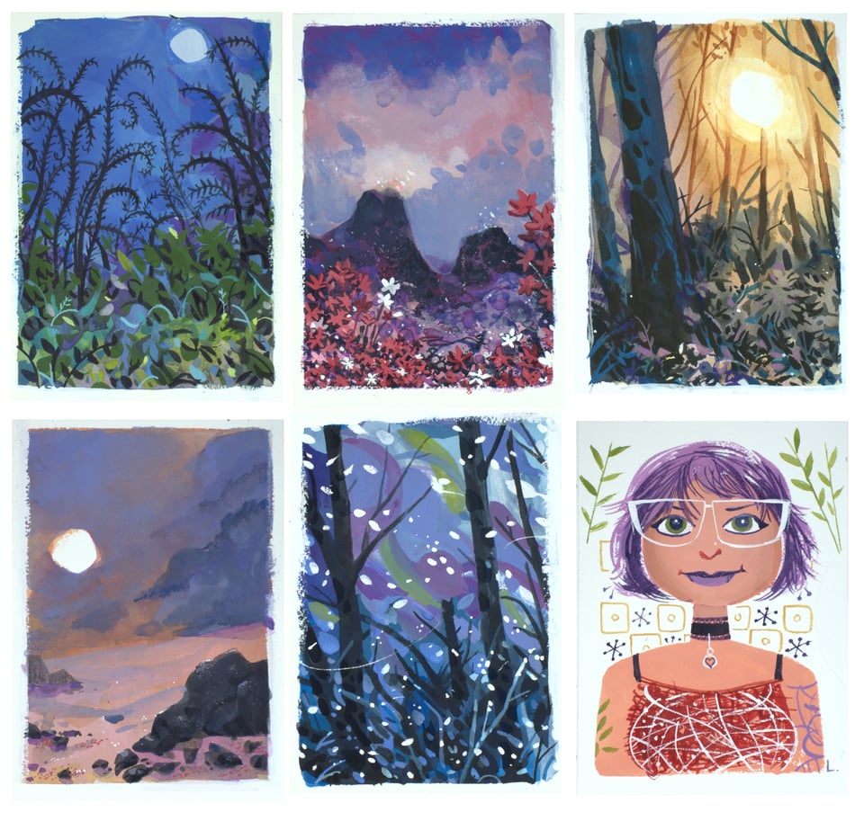 image with six thumbnail images of my gouache paintings
