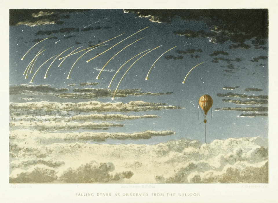 A 19th-century illustration titled Falling Stars as Observed from the Balloon shows a hot air balloon floating above a sea of clouds at night. Dozens of yellow meteors streak across the starry sky in graceful arcs, creating a serene yet awe-inspiring scene of celestial observation.