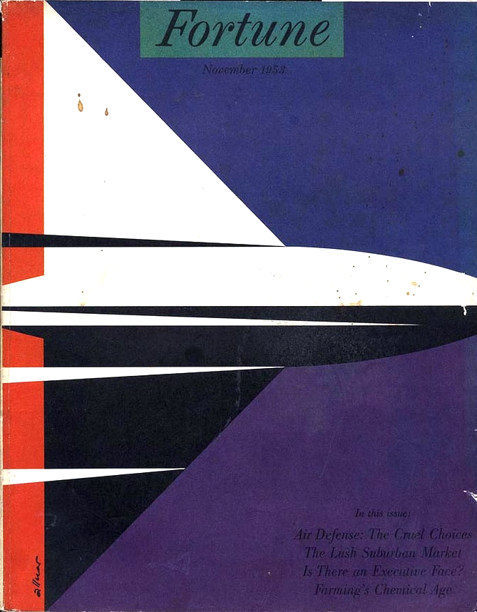 November 1953 FORTUNE cover of a modernist illustration of a jet fighter on blue and purple