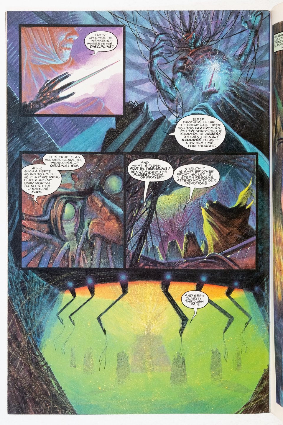 A page from World Without End. The Gess are being weird and torturing someone/torturing themselves