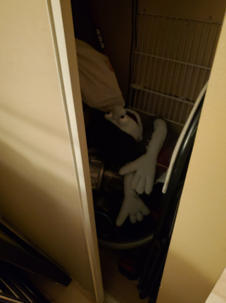A messy closet yawns open. Inside, atop a vacuum, a puppet stares skyward, mouth open.