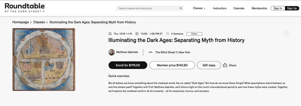 screenshot from 92nd y about course on the dark ages