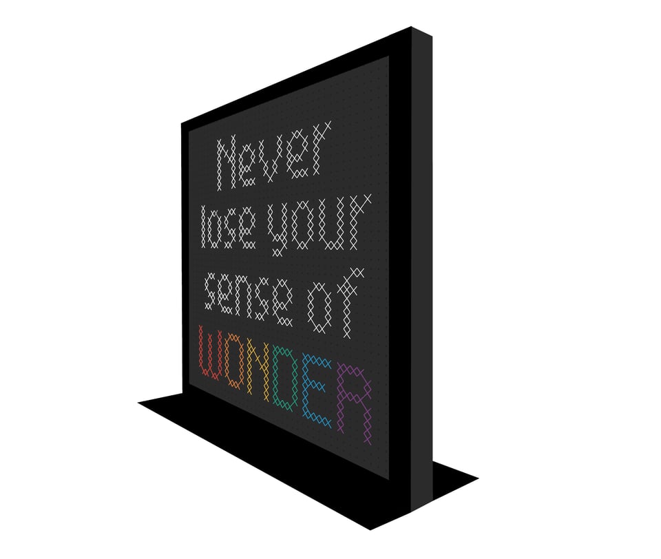 3D mockup of lighting installation that says never lose your sense of wonder