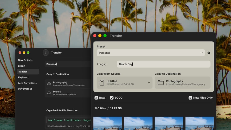 Composite image showing the new Transfer window and settings for Transfer